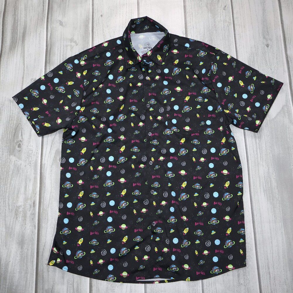 BUC-EE'S Shirt Men Med Short Sleeve Button Up All Over Cosmic Space Moon Alien